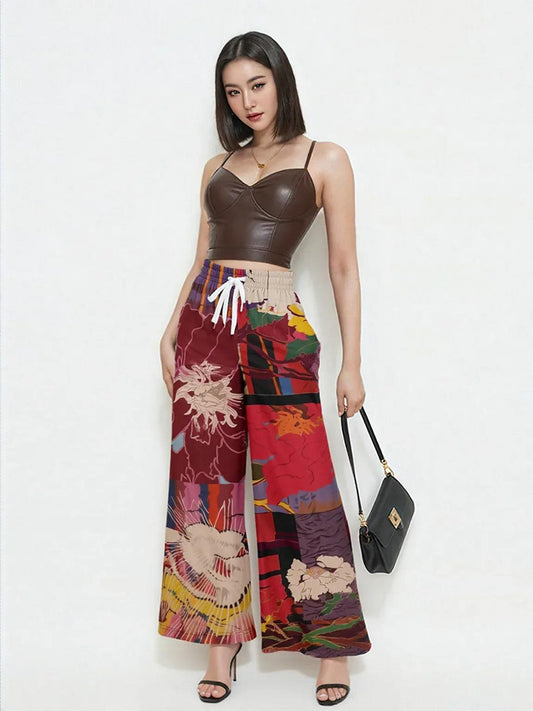 Birds of a Feather in Abstract Floral Stripe Eco-Poly Eco-Poly Wide Leg Pants