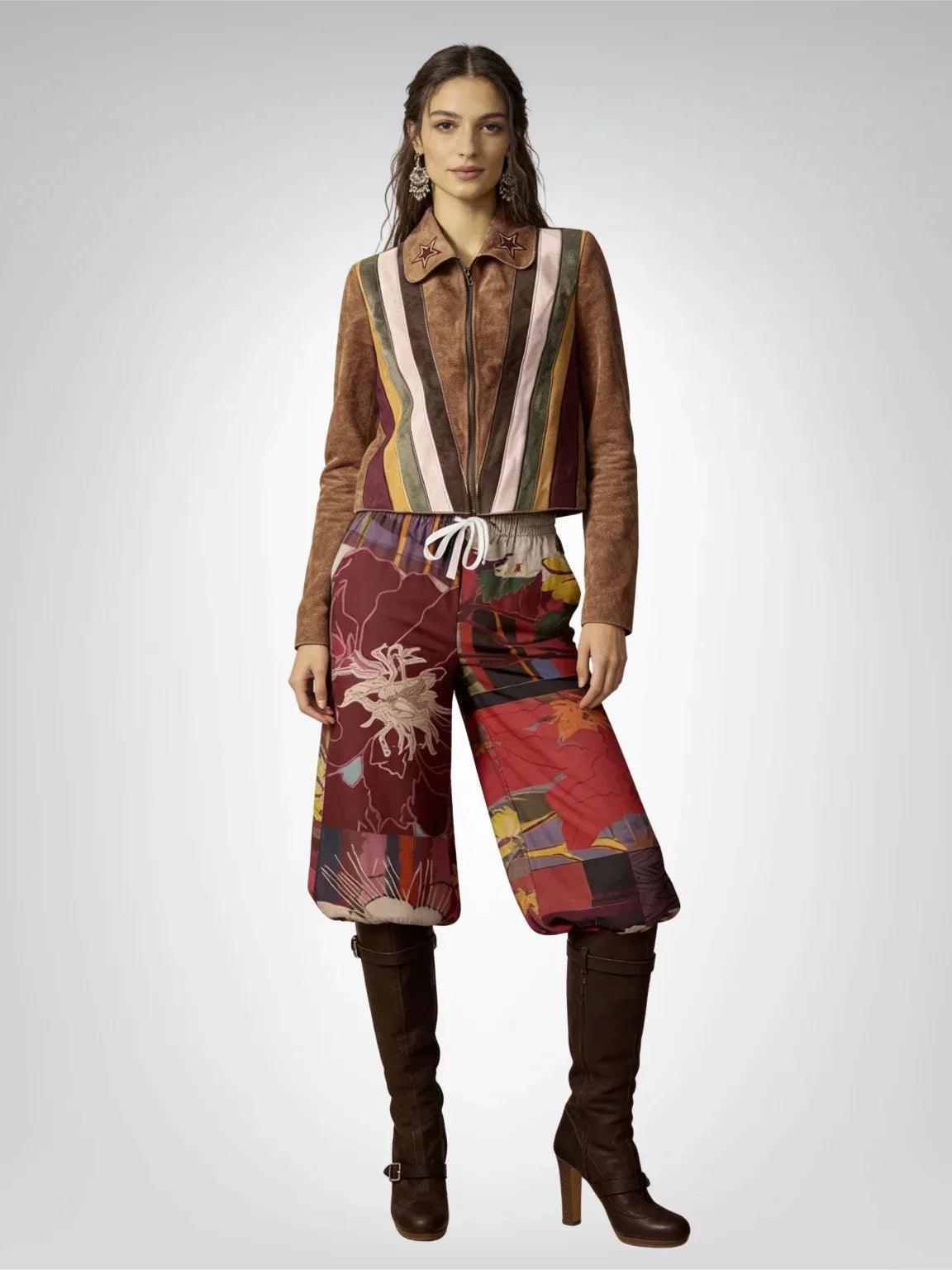 Birds of a Feather in Abstract Floral Stripe Eco-Poly Eco-Poly Wide Leg Pants