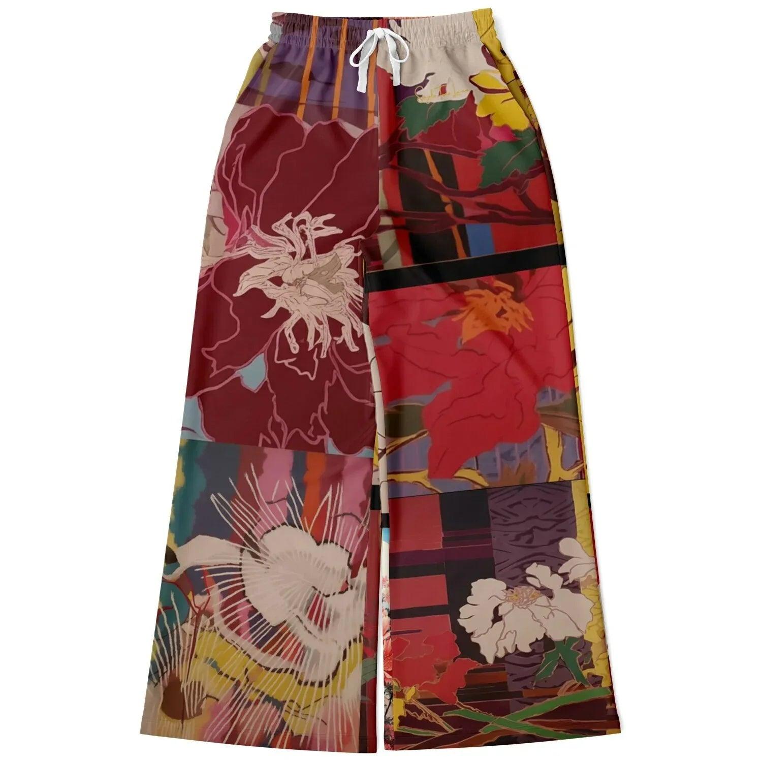 Birds of a Feather in Abstract Floral Stripe Eco-Poly Eco-Poly Wide Leg Pants