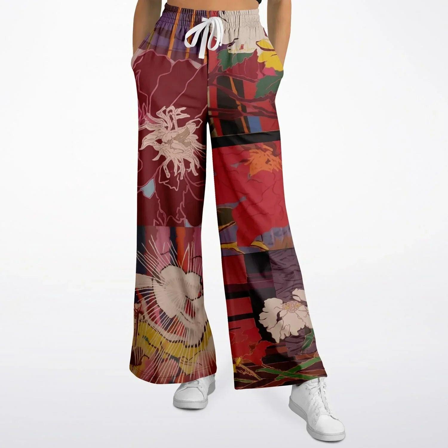 Birds of a Feather in Abstract Floral Stripe Eco-Poly Eco-Poly Wide Leg Pants