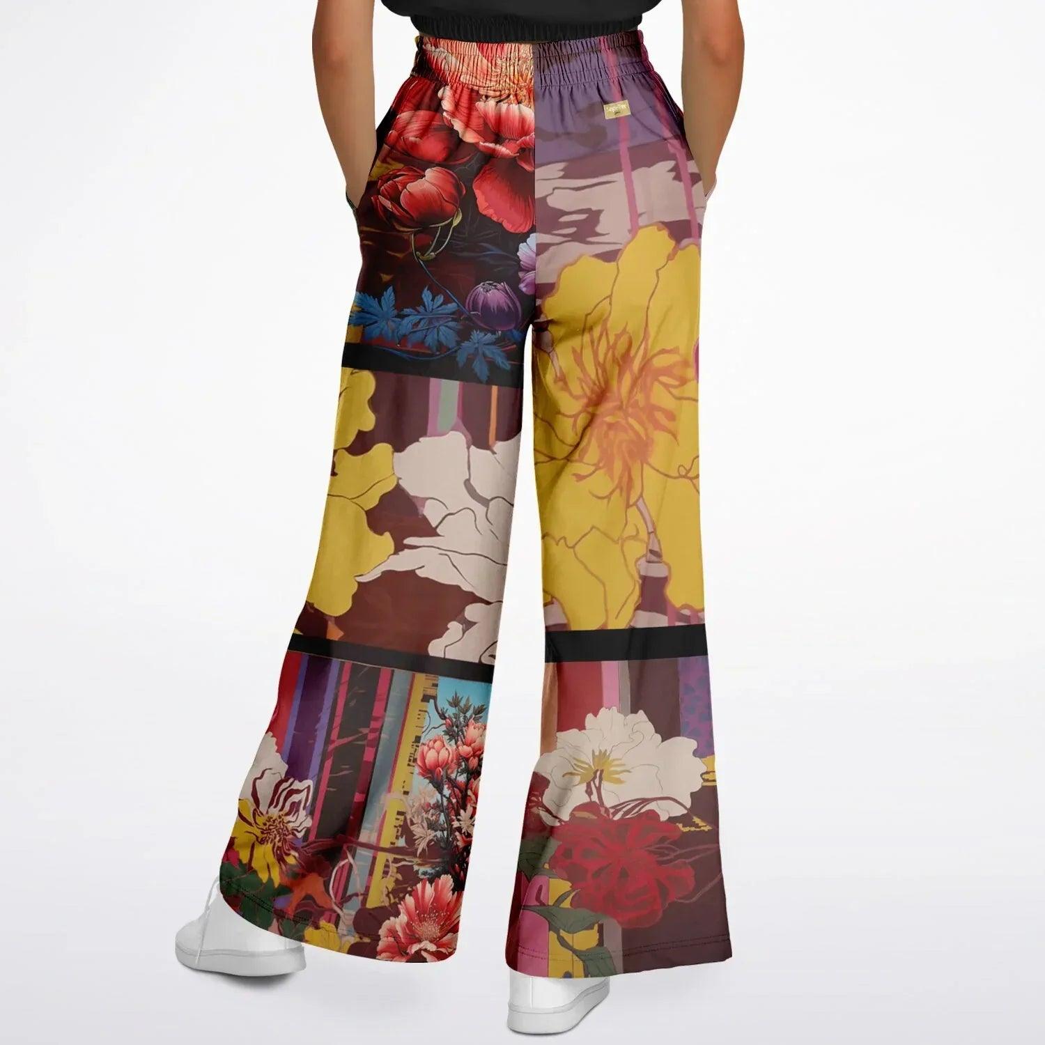 Birds of a Feather in Abstract Floral Stripe Eco-Poly Eco-Poly Wide Leg Pants