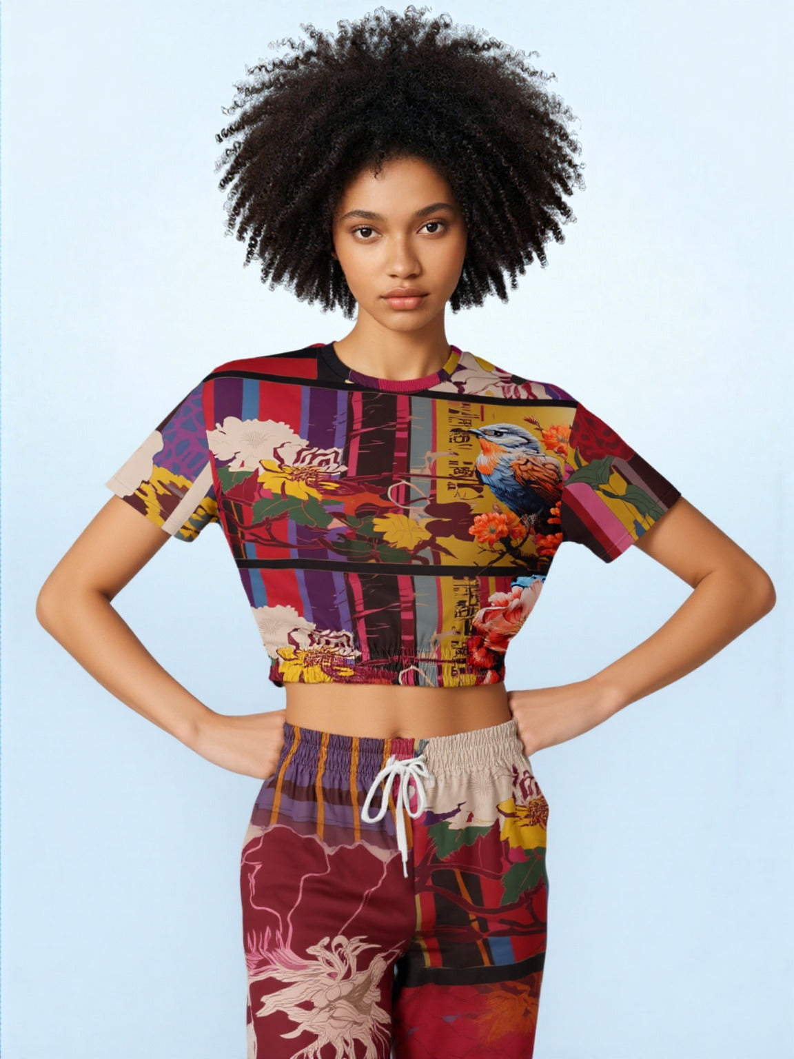 Birds of a Feather in Abstract Floral Stripe Eco-Poly Short Sleeve Cropped Pullover