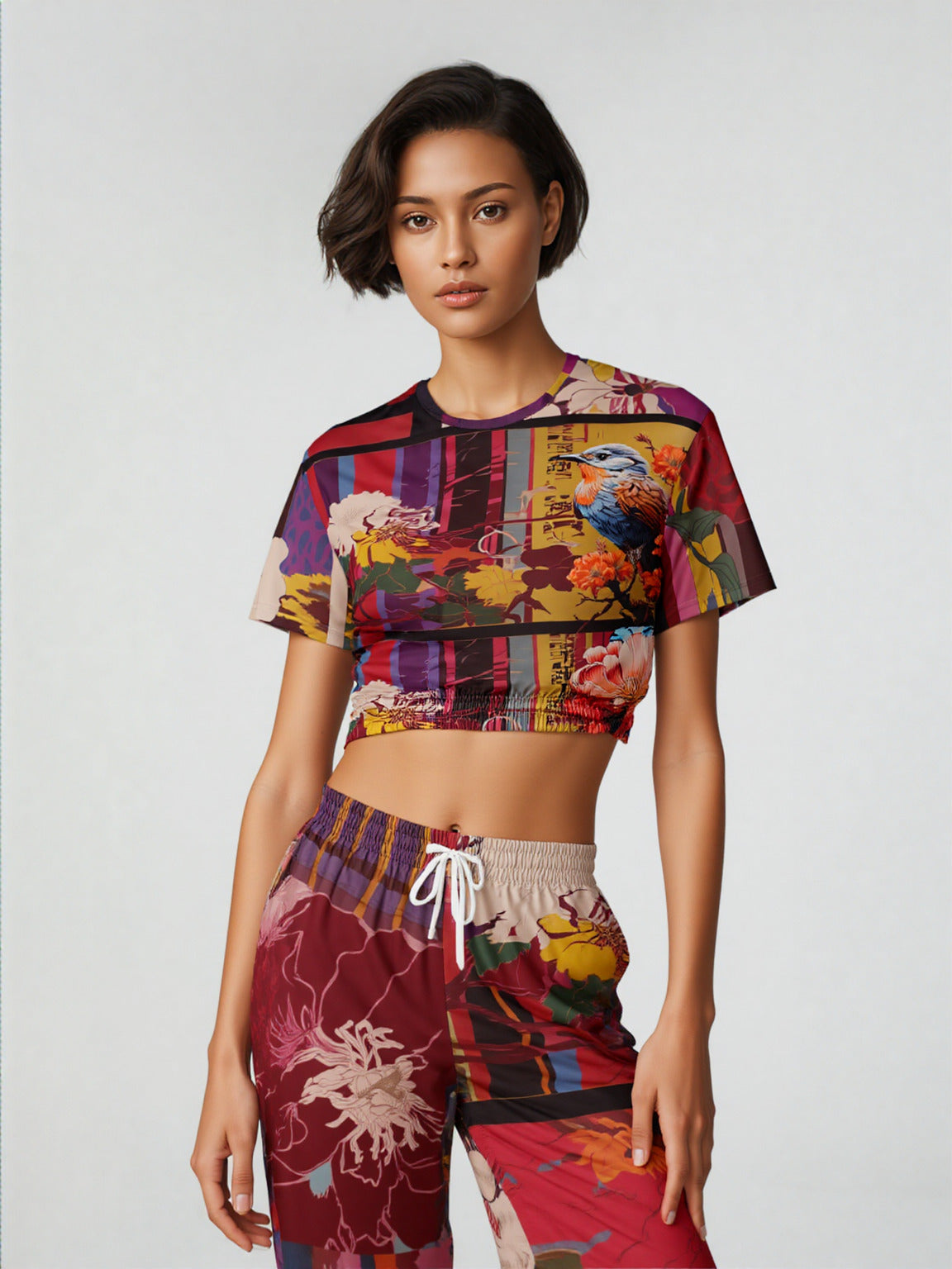 Birds of a Feather in Abstract Floral Stripe Eco-Poly Short Sleeve Cropped Pullover
