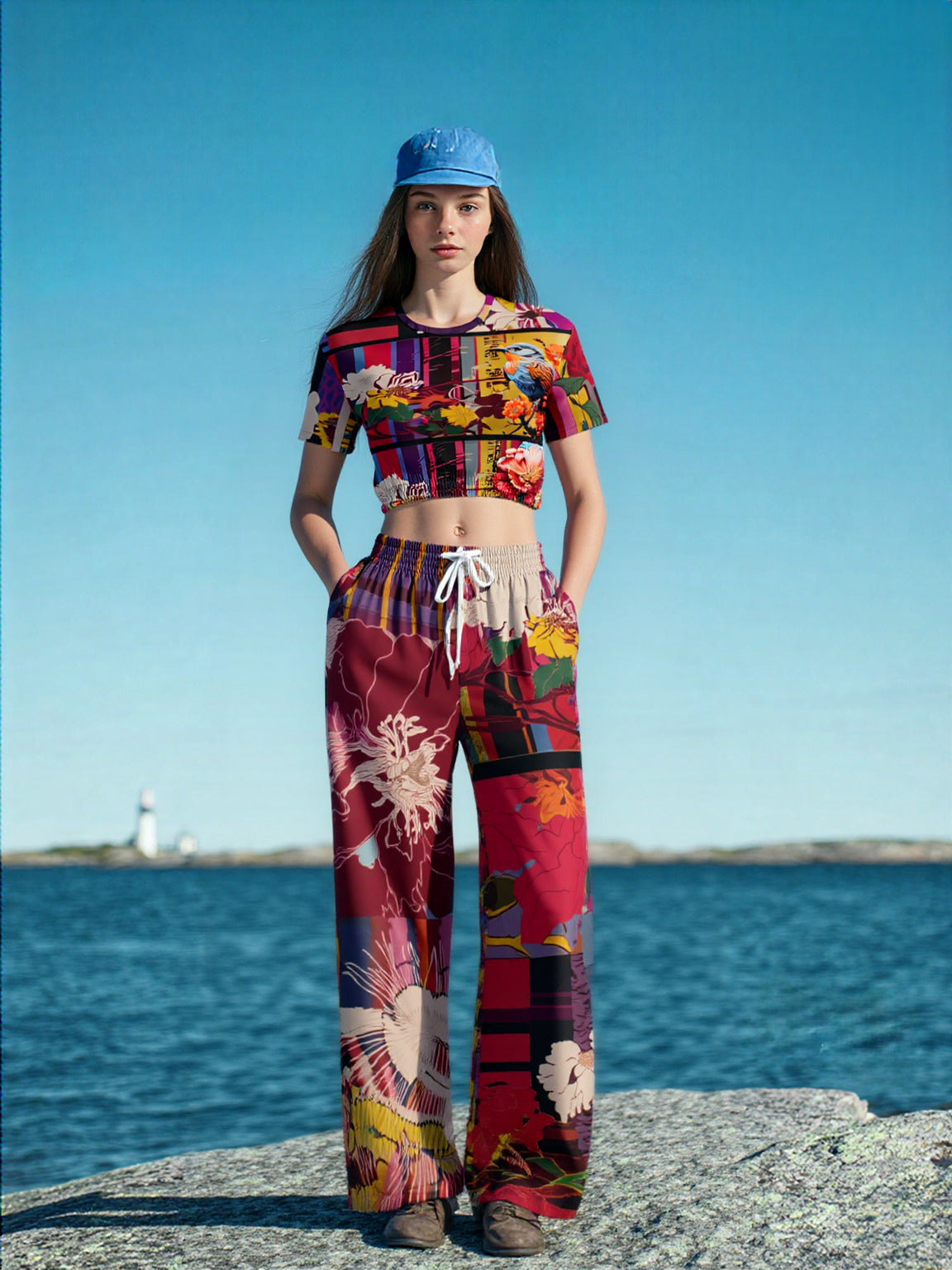 Birds of a Feather in Abstract Floral Stripe Eco-Poly Short Sleeve Cropped Pullover