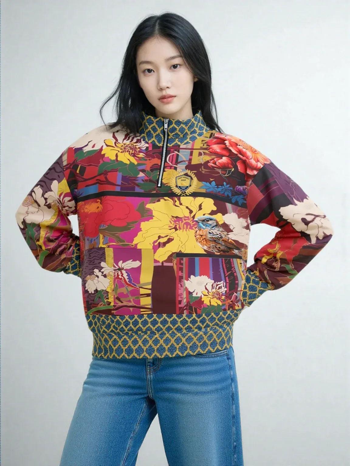 Birds of a Feather in Abstract Floral Stripe Heavyweight Quarter Zip Unisex Pullover