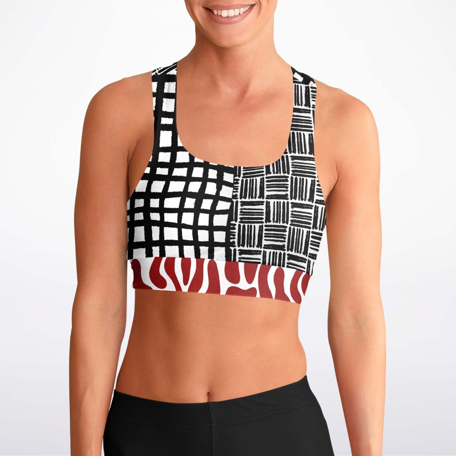 Black and White Distortion Duo Plaid Padded Sports Bra