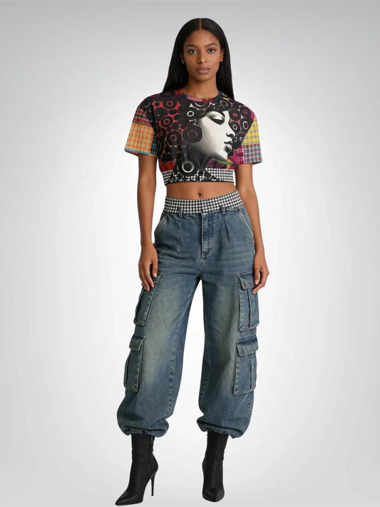 Black Queen in Afrocentric Technicolor Eco-Poly Short Sleeve Cropped Pullover