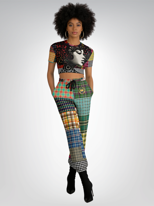 Black Queen in Afrocentric Technicolor Eco-Poly Short Sleeve Cropped Pullover