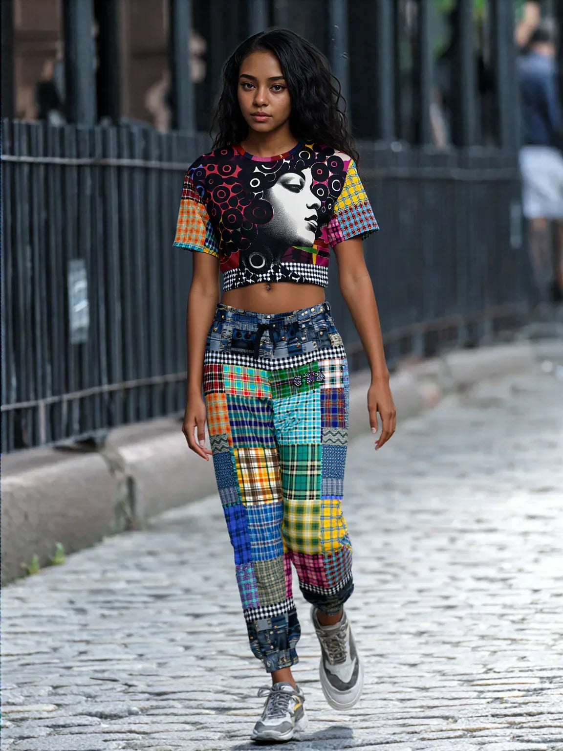 Black Queen in Afrocentric Technicolor Plaid and Denim Patchwork Eco-Poly Cargo Joggers