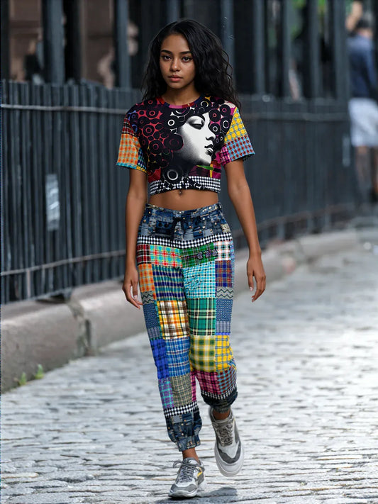 Black Queen in Afrocentric Technicolor Plaid and Denim Patchwork Eco-Poly Cargo Joggers