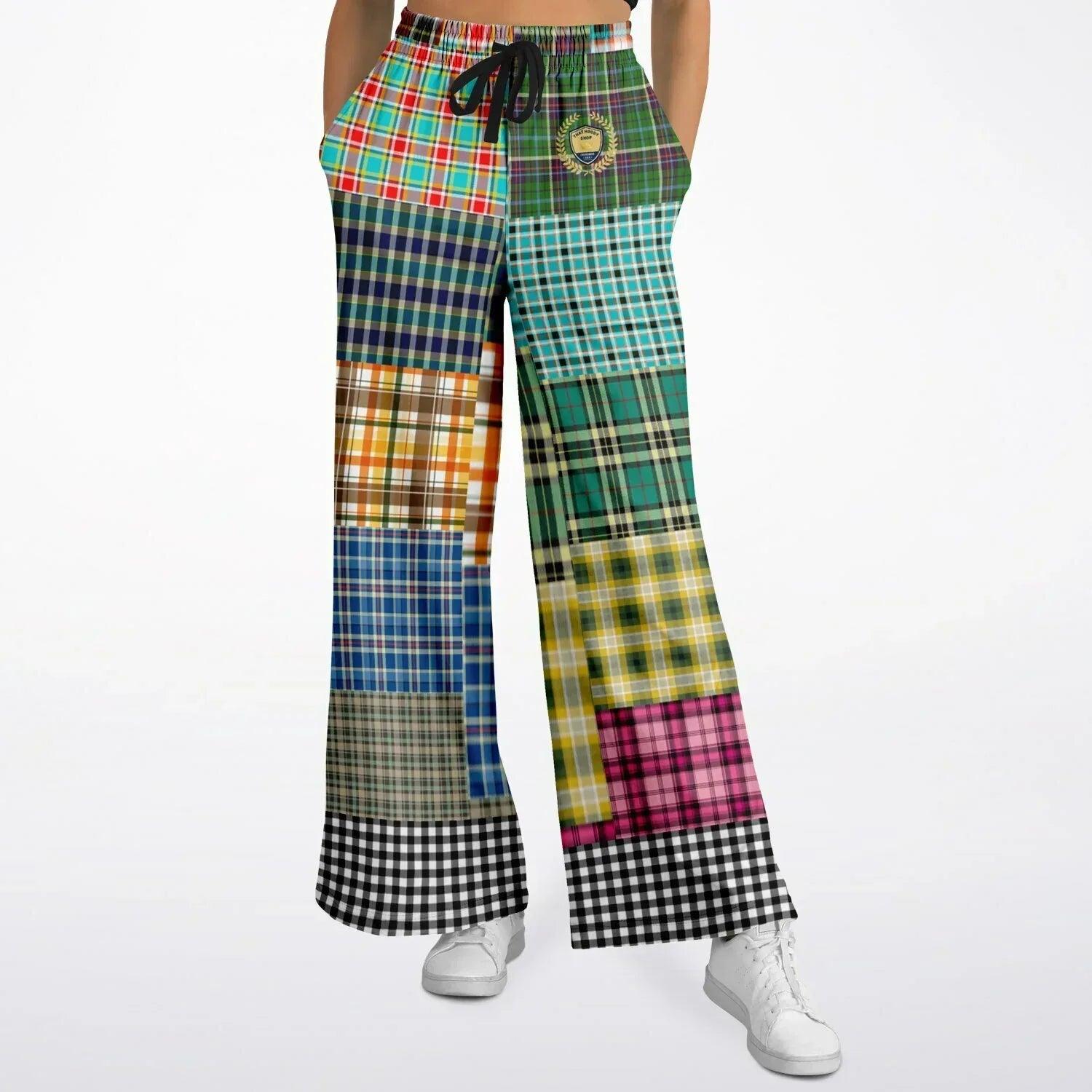 Black Queen in Afrocentric Technicolor Plaid Eco-Poly Wide Leg Pants