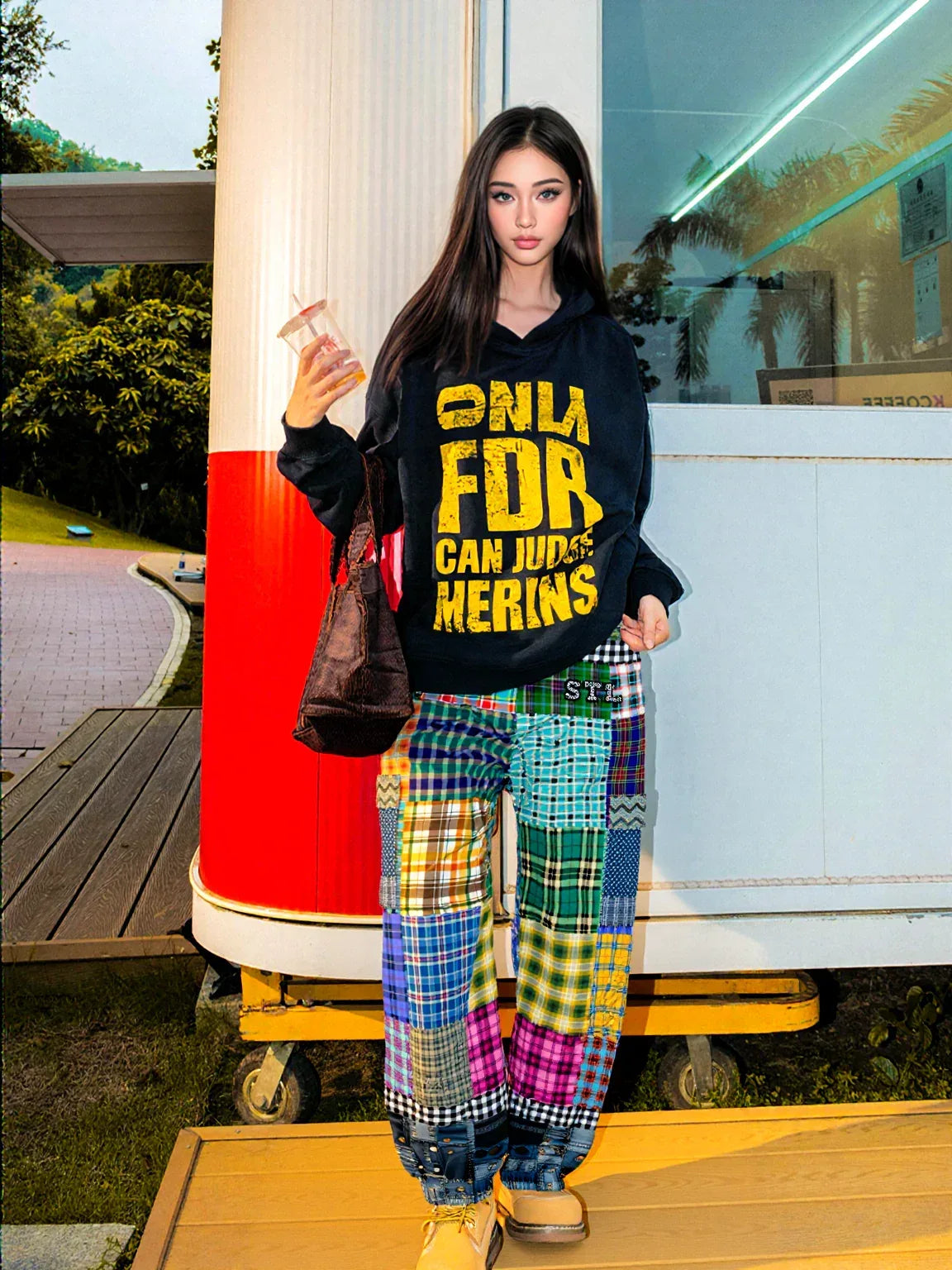 Black Queen in Afrocentric Technicolor Plaid and Denim Patchwork Eco-Poly Cargo Joggers