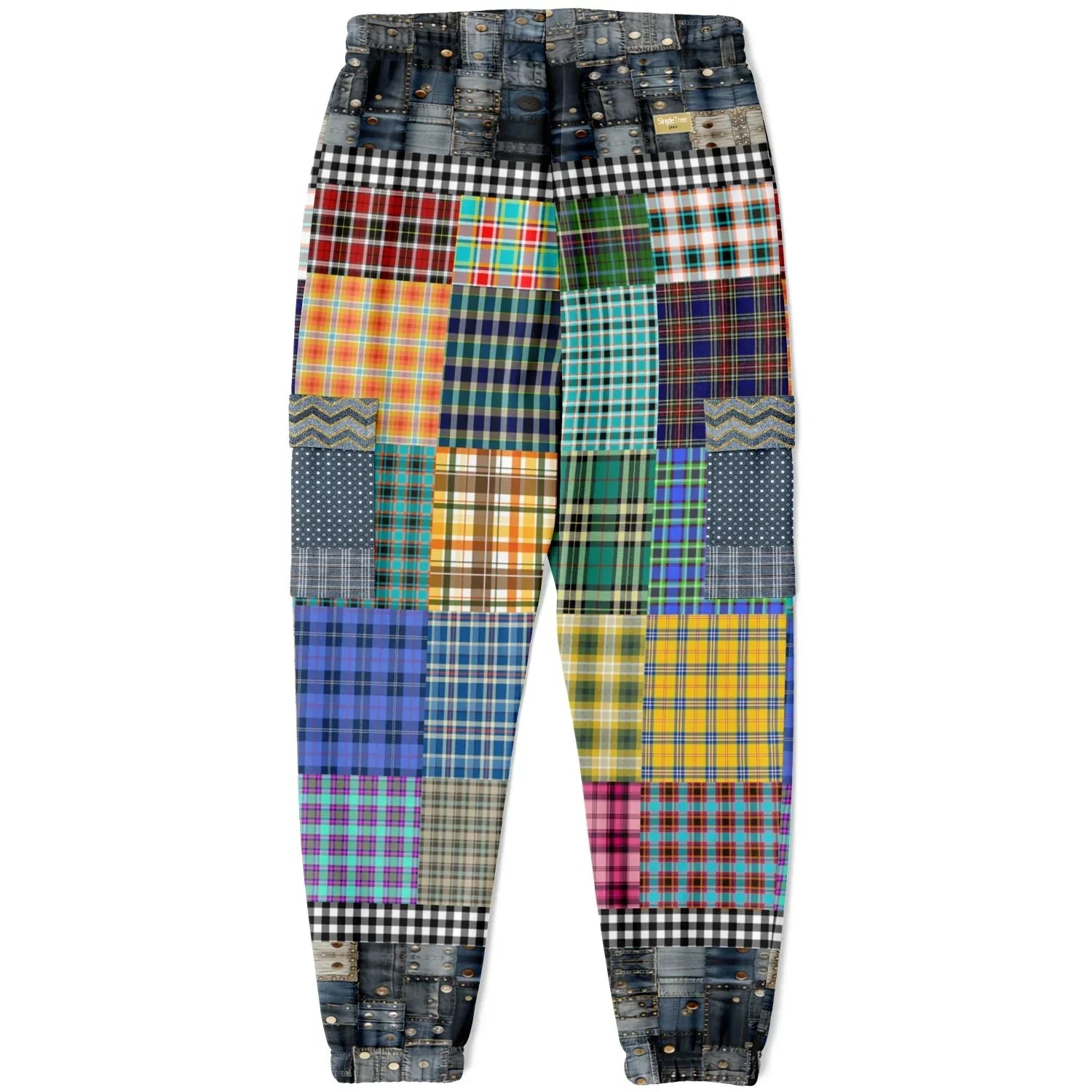 Black Queen in Afrocentric Technicolor Plaid and Denim Patchwork Eco-Poly Cargo Joggers