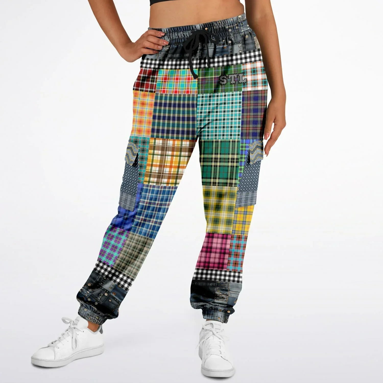 Black Queen in Afrocentric Technicolor Plaid and Denim Patchwork Eco-Poly Cargo Joggers
