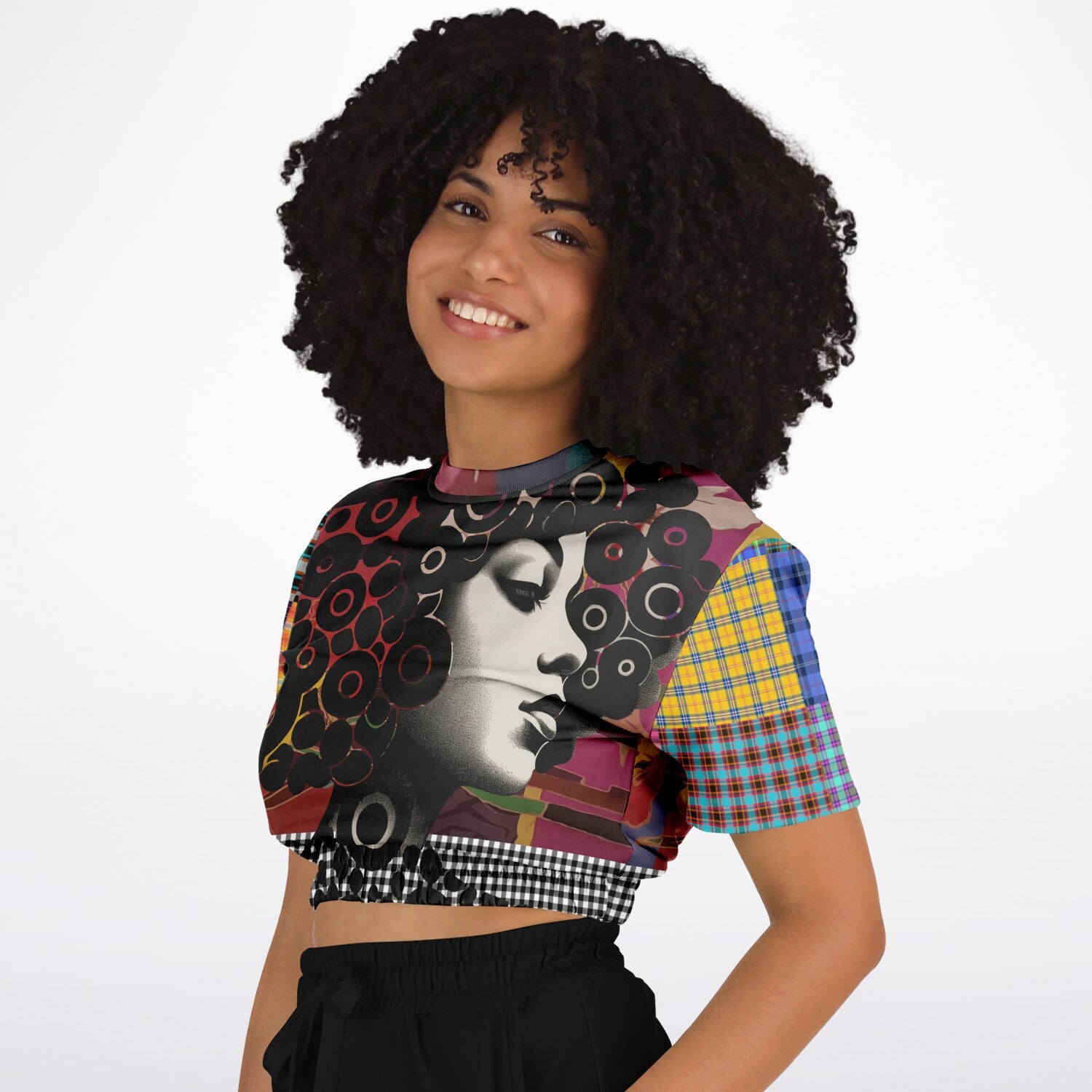 Black Queen in Afrocentric Technicolor Eco-Poly Short Sleeve Cropped Pullover