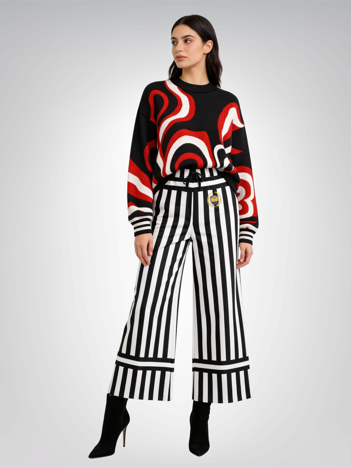 Stripes in Black and White Eco-Poly Wide Leg Pants