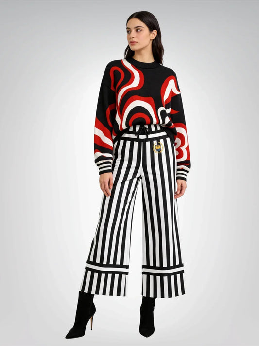 Stripes in Black and White Eco-Poly Wide Leg Pants