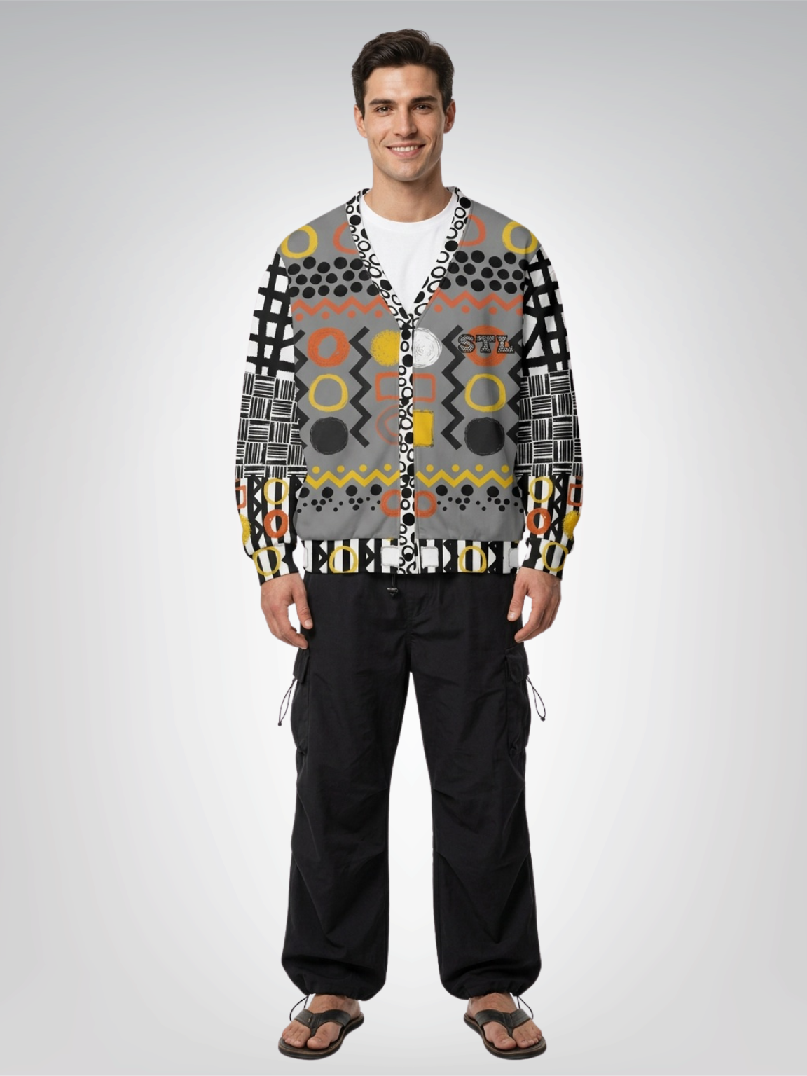 Black Stripe and Bright Geometric in Dark Grey Heavyweight Unisex Cardigan