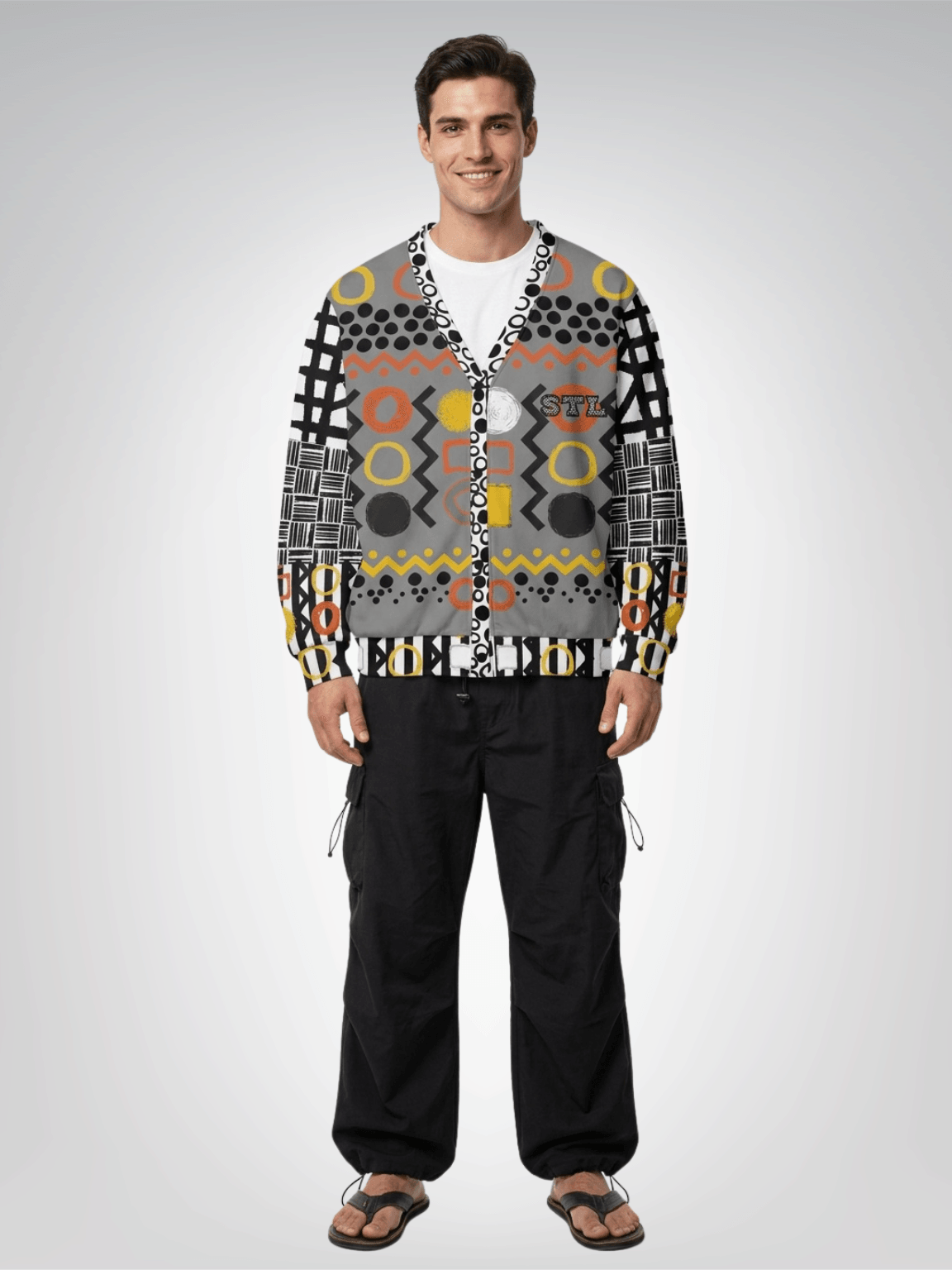 Black Stripe and Bright Geometric in Dark Grey Heavyweight Unisex Cardigan