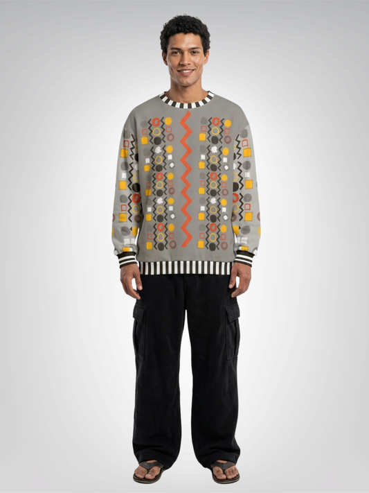 Black Stripe and Bright Geometric in Grey Unisex Sweatshirt (Gold Label)