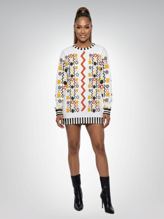 Black Stripe and Bright Geometric in White Unisex Sweatshirt (Gold Label)