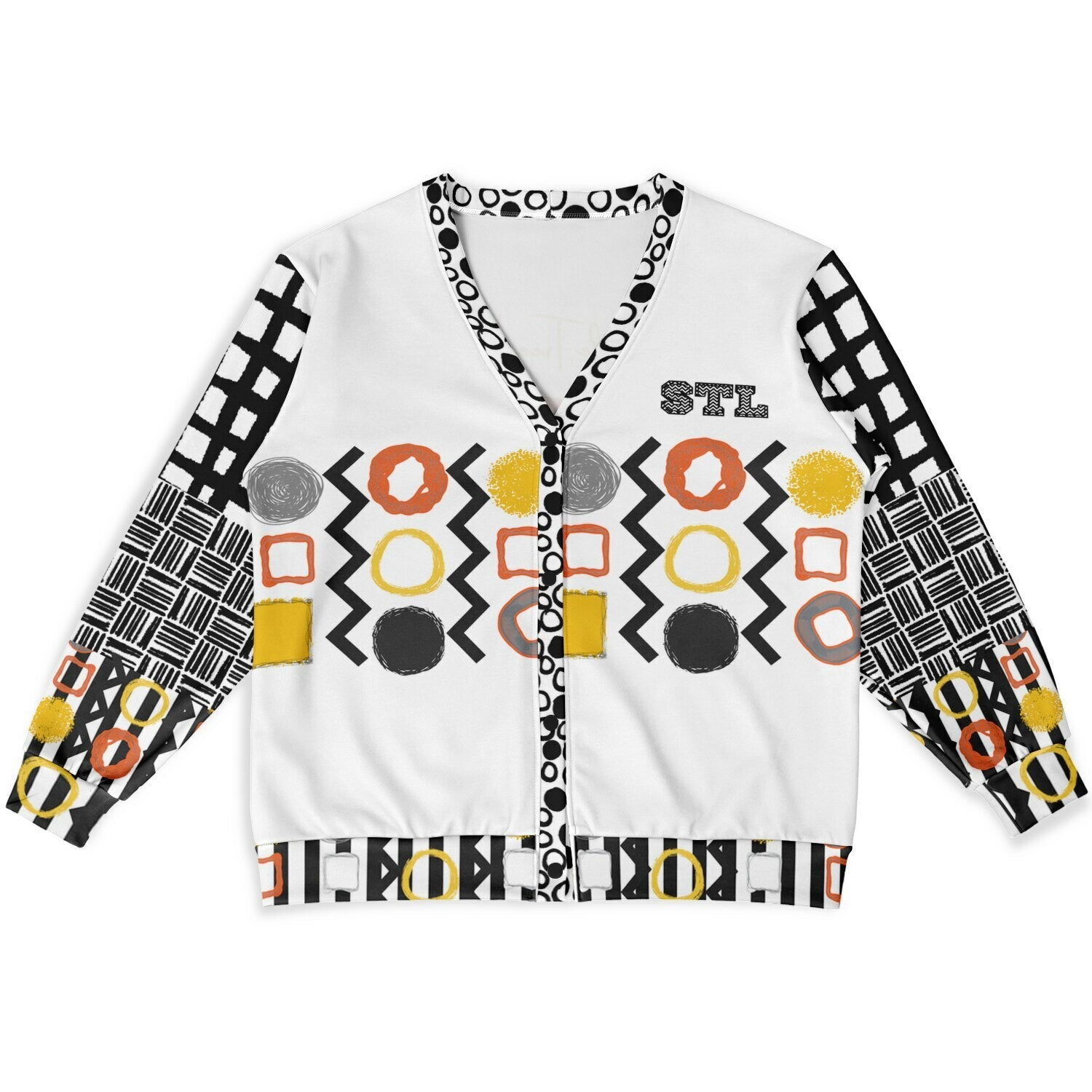 Black Stripe and Bright Geometric in White Heavyweight Unisex Cardigan