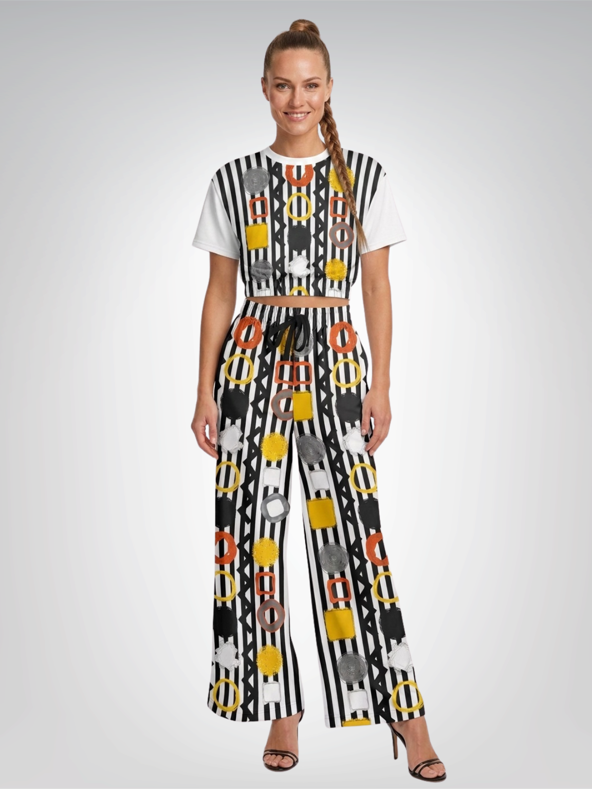 Black Stripe and Bright Geometric Eco-Poly Wide Leg Pants
