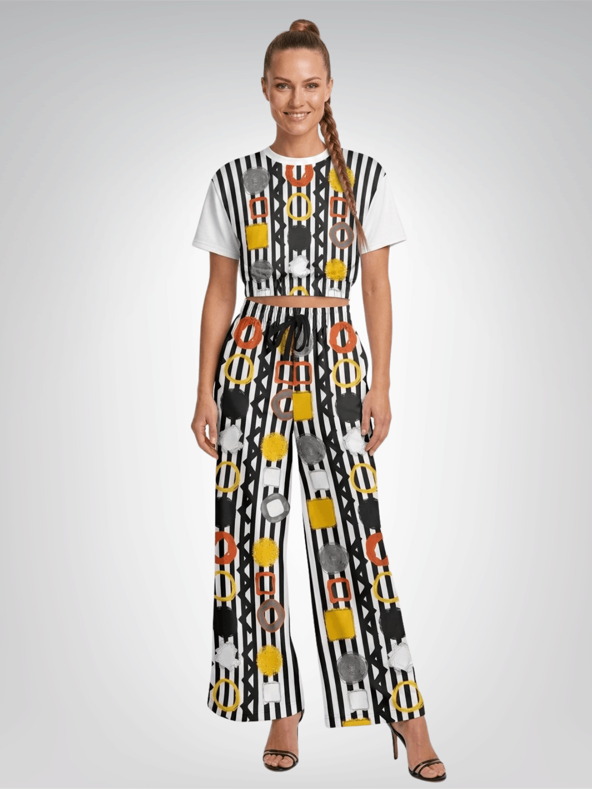 Black Stripe and Bright Geometric Eco-Poly Short Sleeve Cropped Pullover