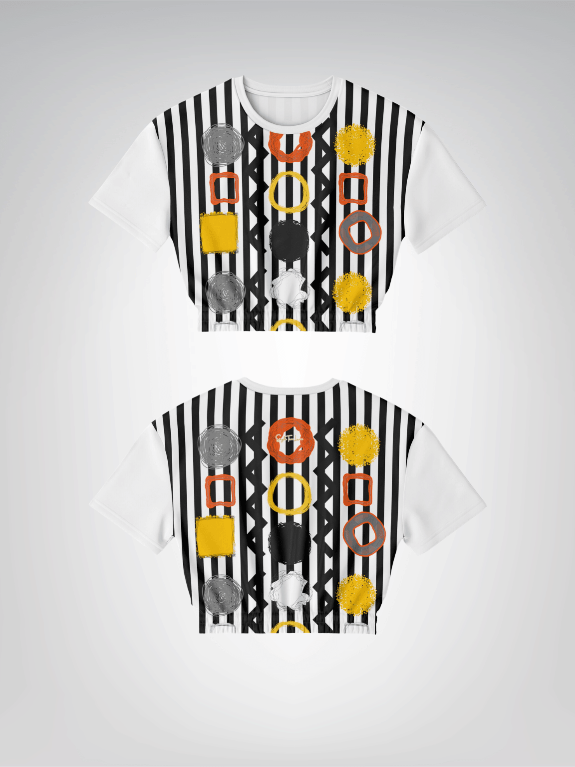Black Stripe and Bright Geometric Eco-Poly Short Sleeve Cropped Pullover