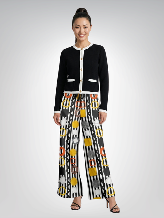 Black Stripe and Bright Geometric Eco-Poly Wide Leg Pants