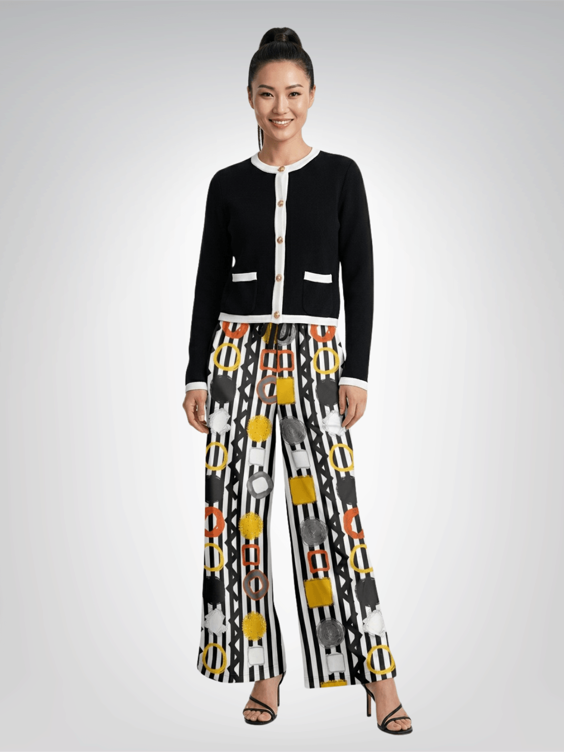 Black Stripe and Bright Geometric Eco-Poly Wide Leg Pants