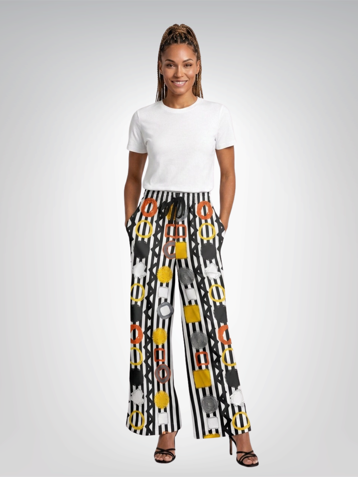 Black Stripe and Bright Geometric Eco-Poly Wide Leg Pants