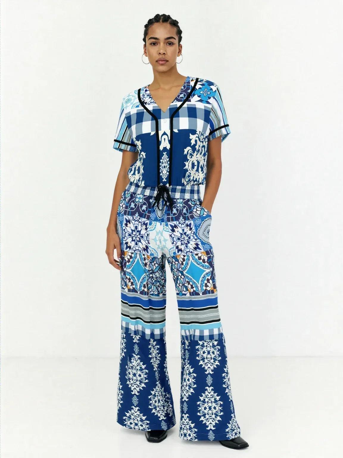 Blue Agadir Floral Stripe Cropped Button Front Jersey