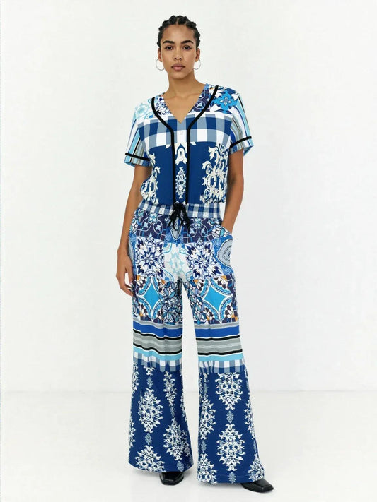 Blue Agadir Moroccan Tile Eco-Poly Wide Leg Pants