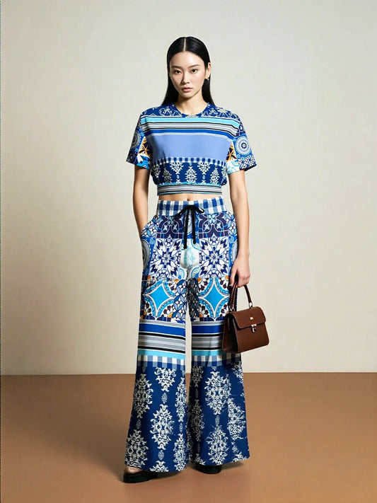 Blue Agadir Moroccan Tile Eco-Poly Short Sleeve Cropped Pullover