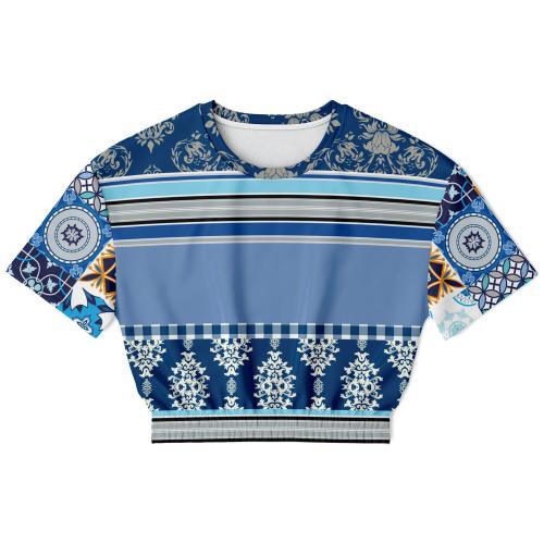 Blue Agadir Moroccan Tile Eco-Poly Short Sleeve Cropped Pullover