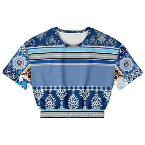 Blue Agadir Moroccan Tile Eco-Poly Short Sleeve Cropped Pullover