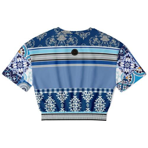 Blue Agadir Moroccan Tile Eco-Poly Short Sleeve Cropped Pullover
