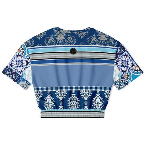 Blue Agadir Moroccan Tile Eco-Poly Short Sleeve Cropped Pullover