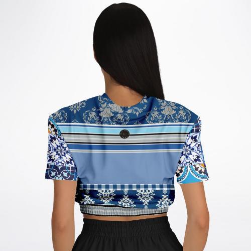 Blue Agadir Moroccan Tile Eco-Poly Short Sleeve Cropped Pullover