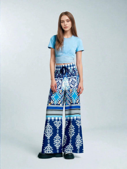 Blue Agadir Moroccan Tile Eco-Poly Wide Leg Pants