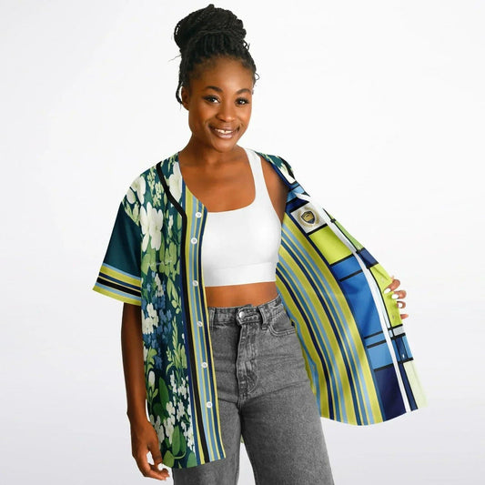 Blue Algae in Floral Stripes Reversible Eco-Poly Short Sleeve Reversible Baseball Jersey