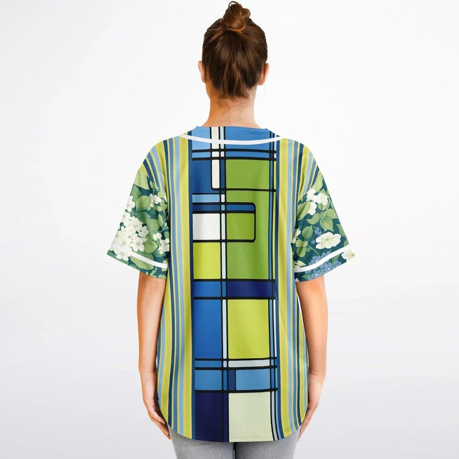 Blue Algae in Floral Stripes Reversible Eco-Poly Short Sleeve Reversible Baseball Jersey
