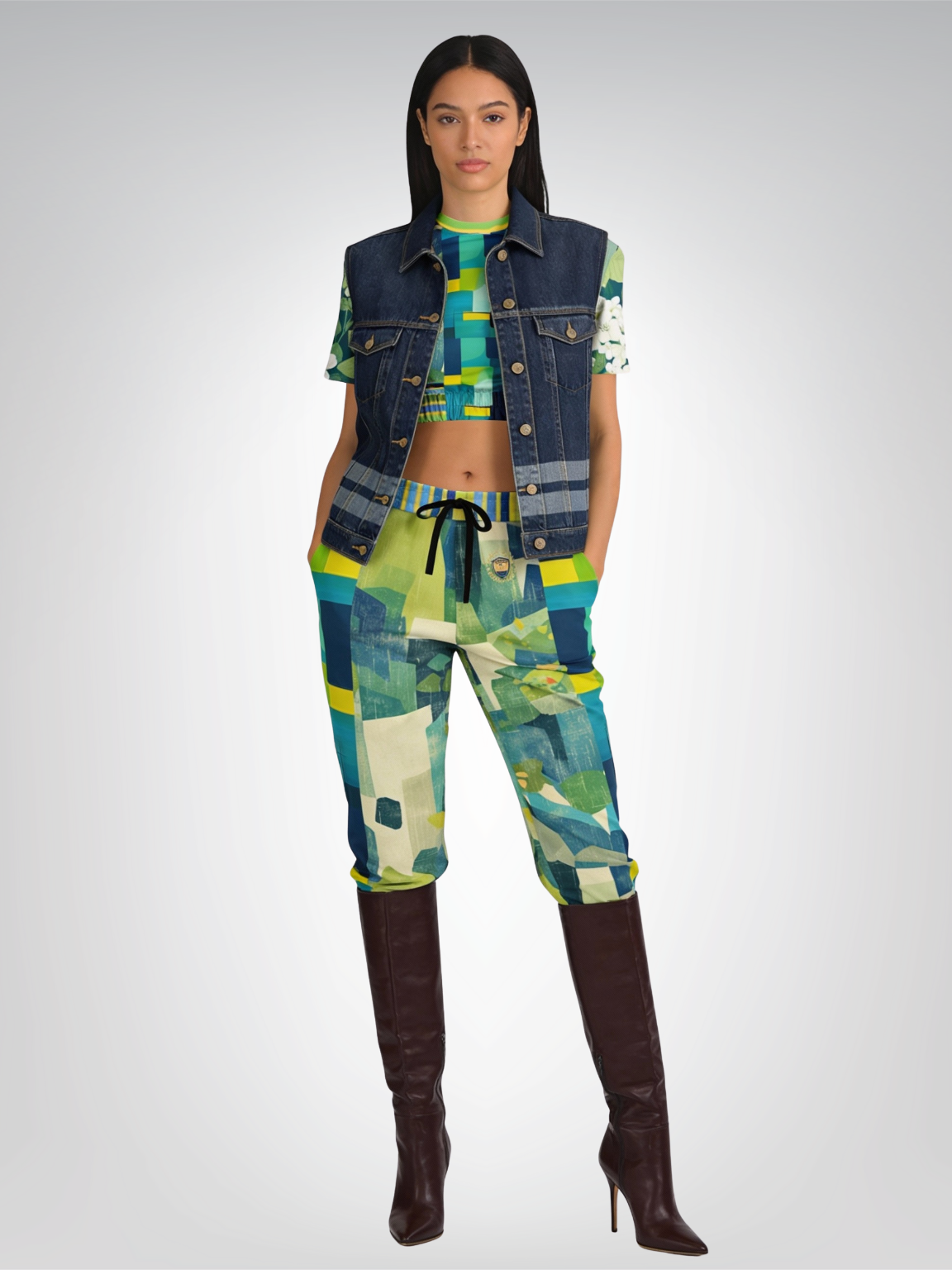 Blue Algae in Abstract Blocks and Floral Eco-Poly Short Sleeve Cropped Pullover