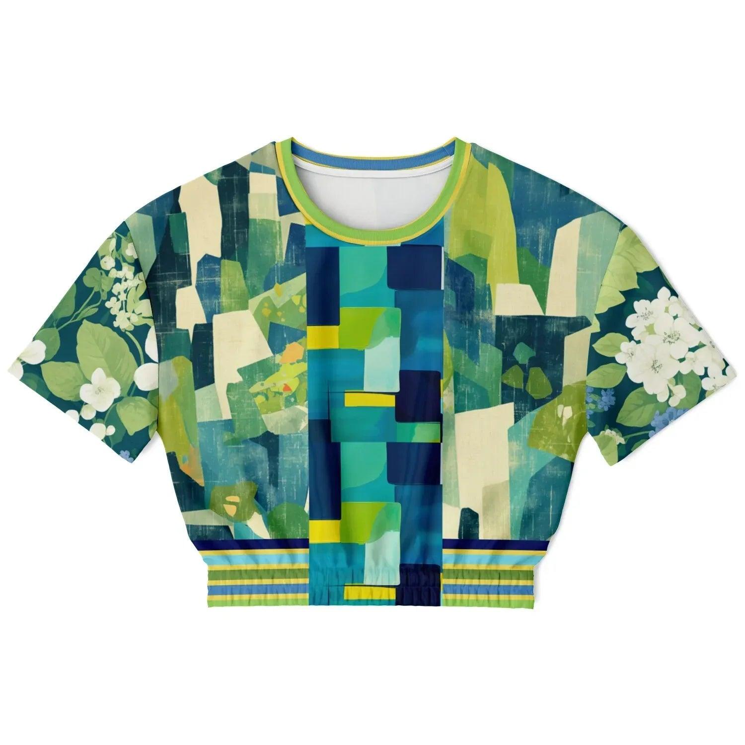 Blue Algae in Abstract Blocks and Floral Eco-Poly Short Sleeve Cropped Pullover