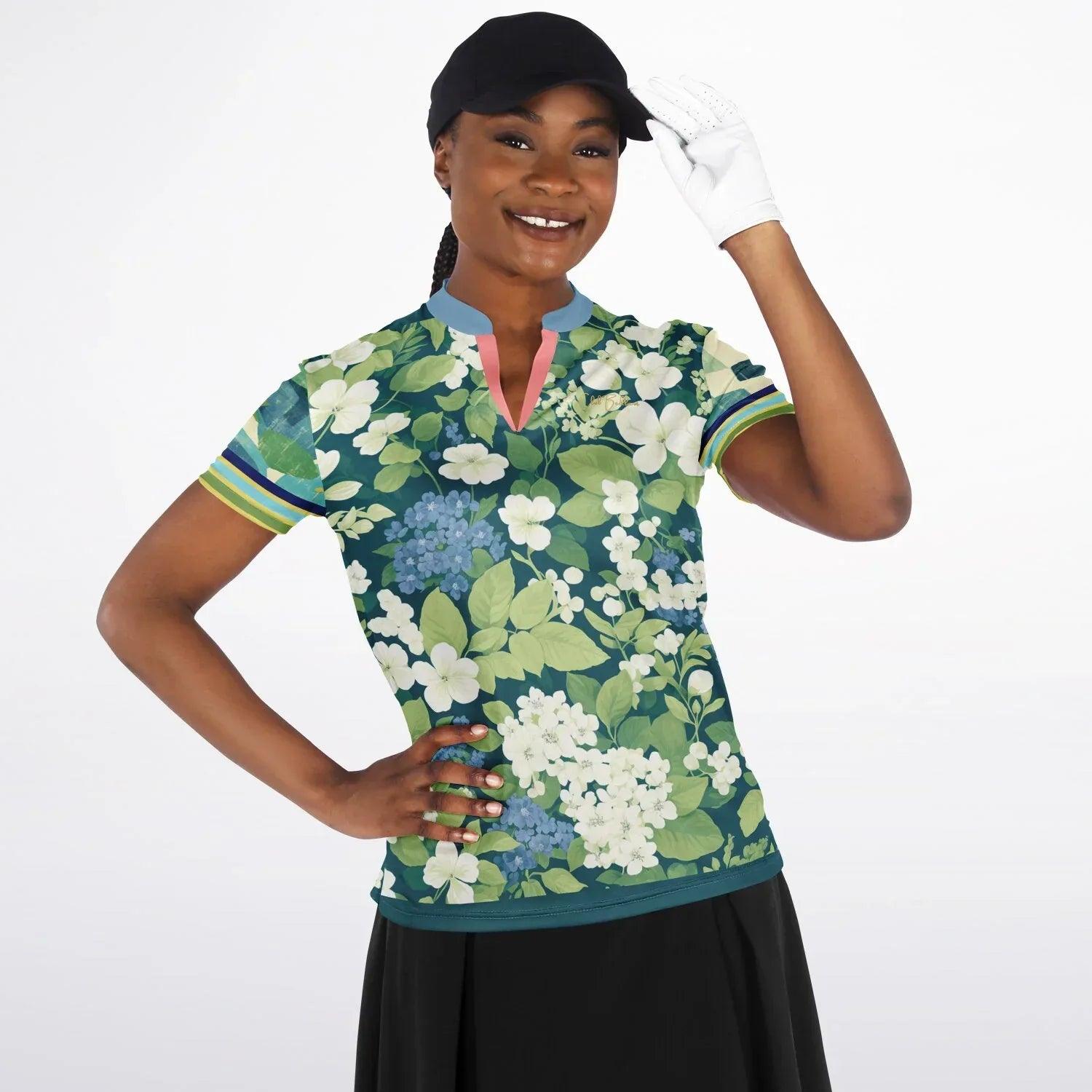 Blue Algae in Floral Stripes Mandarin Collar Ladies Polo Golf Shirt