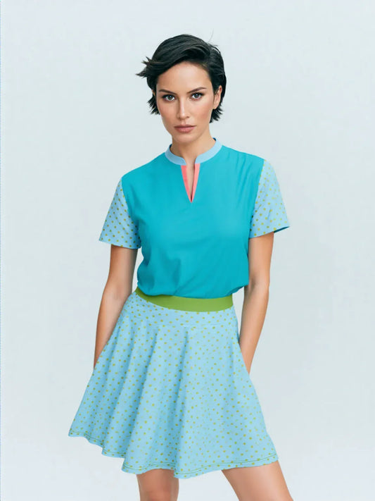Blue and Green Polka Dot Skater-Style Golf Skirt