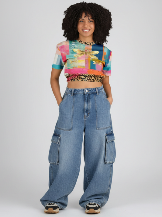 Blue Dragonfly Abstract Colorblock Patchwork Eco-Poly Short Sleeve Cropped Pullover