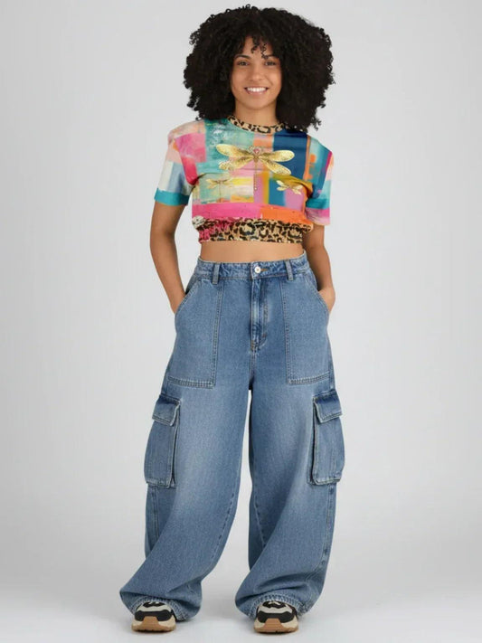 Blue Dragonfly Abstract Colorblock Patchwork Eco-Poly Short Sleeve Cropped Pullover