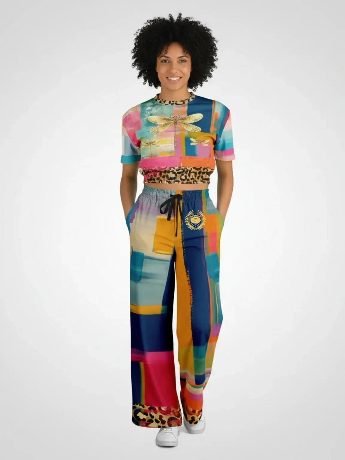 Blue Dragonfly Abstract Colorblock Leopard Patchwork Eco-Poly Wide Leg Pants